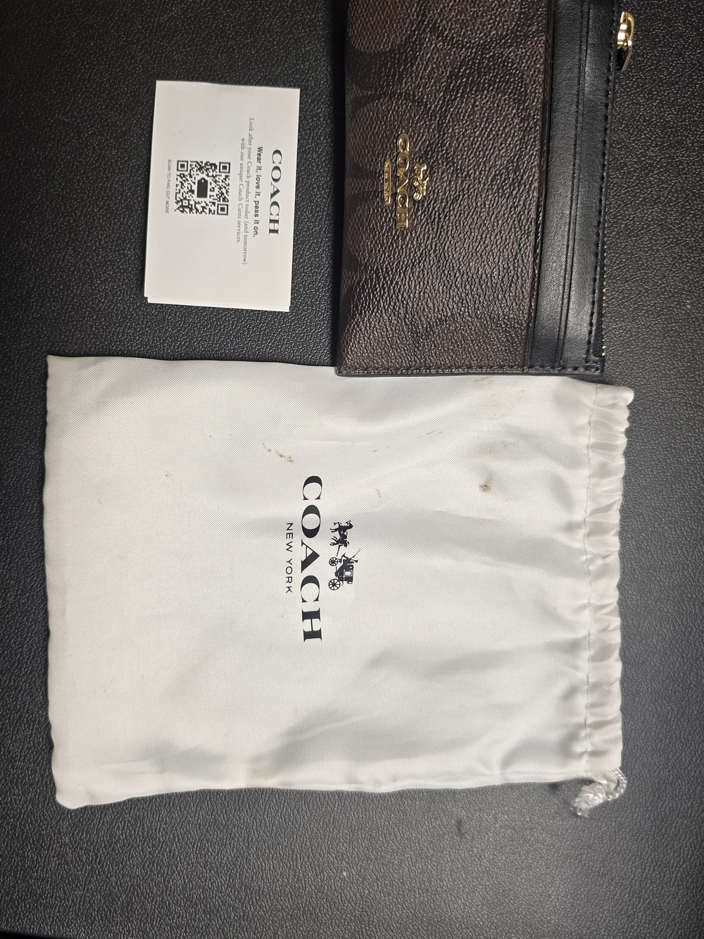 COACH Brown Signature Canvas and Black Leather Zip Card Holder with Gold Logo